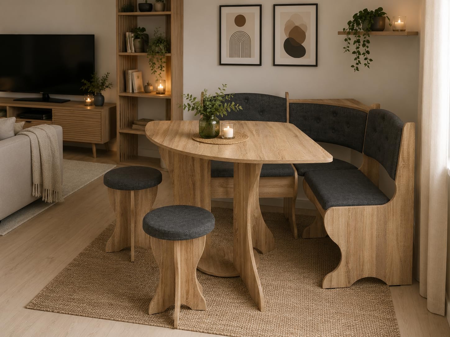 Rodnik Eckbankgruppe Bayar, 4-TLG. Set: Eckbank mit Stauraum, Viertelkreistisch und 2 Hockern, modern, klein, platzsparend (Eiche Sonoma)