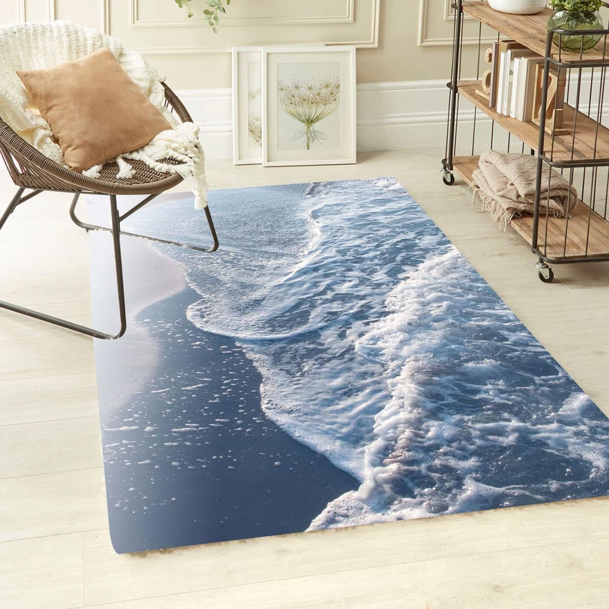 Blue Grey White Ocean Waves 3D Vision Coastal Beach Theme