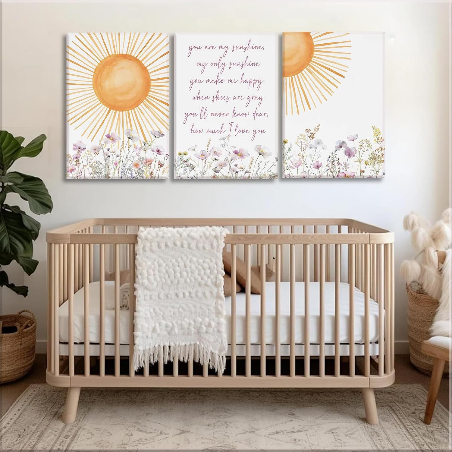 3Pcs Wildflower Nursery Canvas Wall Art Pieces You Are My Sunshine Quote Posters Prints Boho Sun Paintings for Neutral Nursery Girls Room Decor12x16in Frame