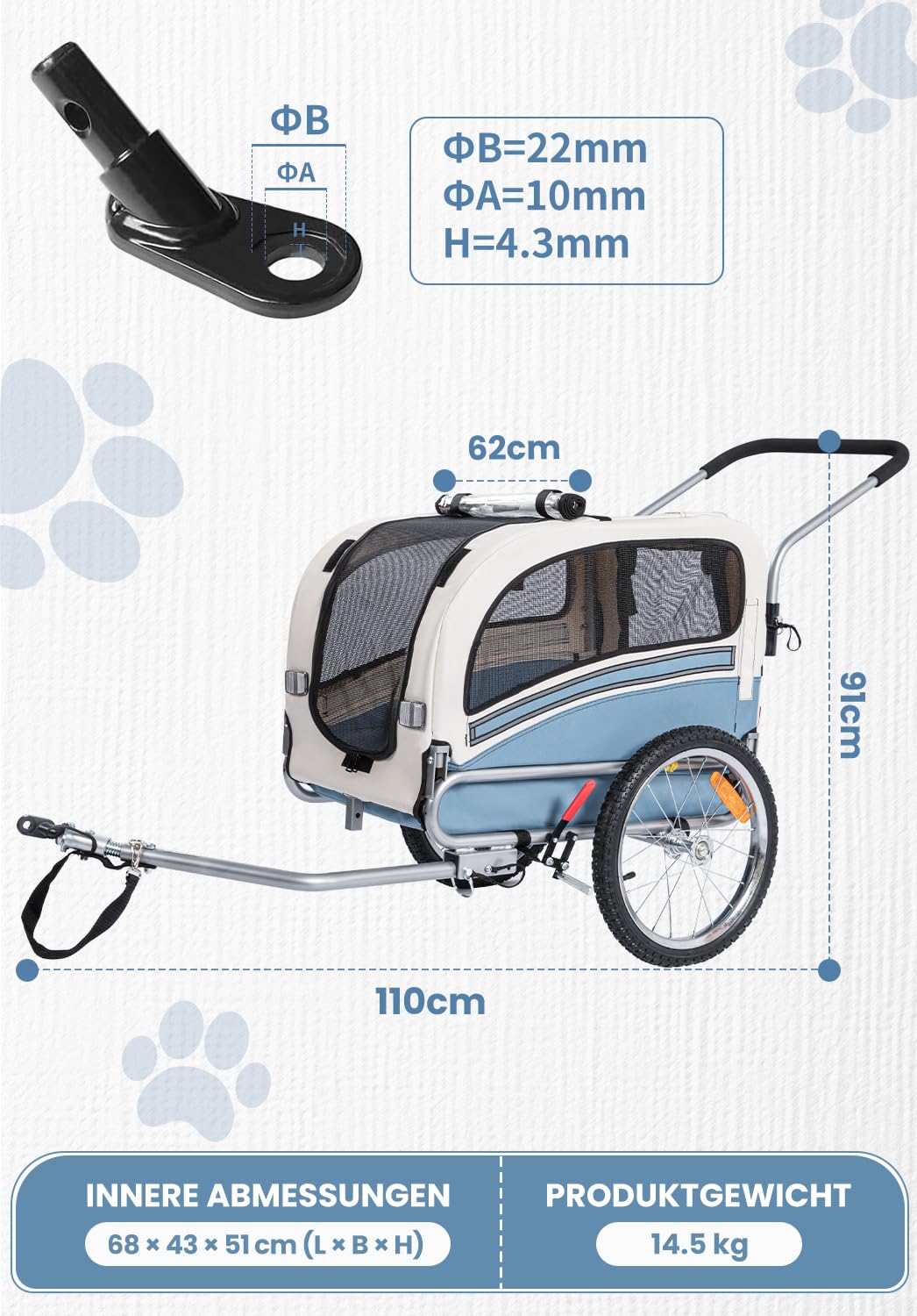 Sepnine Remolque Bicicleta Perros Carro Cochecito para Transporte Mascota 2 en 1 Convertible En Carro para Correr con Barra Y Kit De Footing Azul