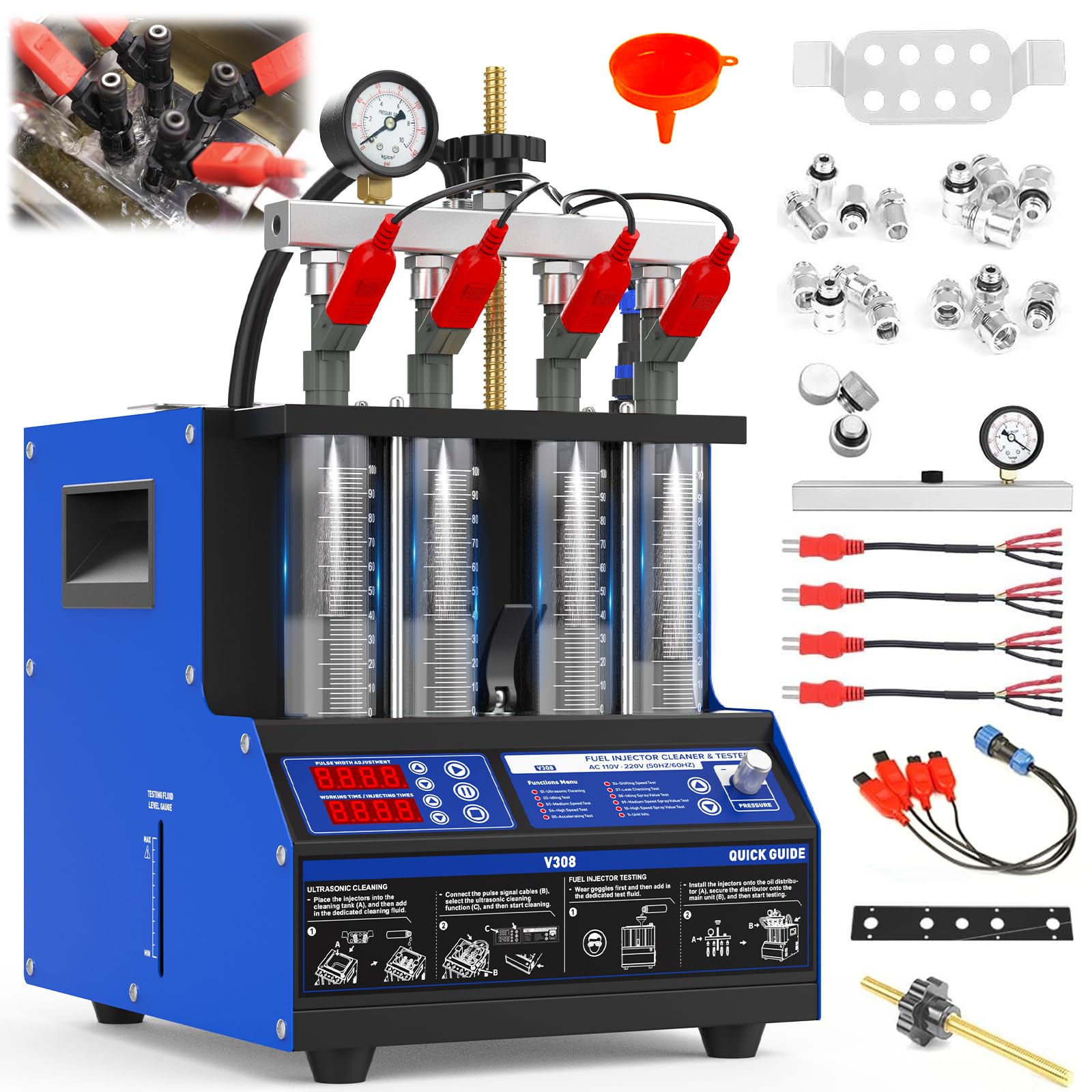 V308 Nettoyeur testeur injecteur Ultrason avec Chauffage 45°C | Appareil contrôle 4 injecteurs essence 9 modes test améliore pulvérisation réduit consommation carburant