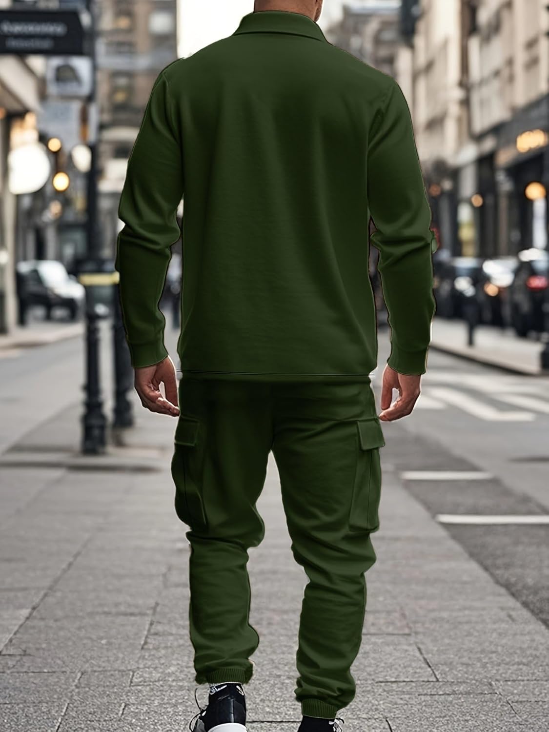 Men's Fleece Cargo Jacket Tracksuit Set 2 Pieces Solid Color Long Sleeve Button up Jacket and Cargo Pants Set - Image 2