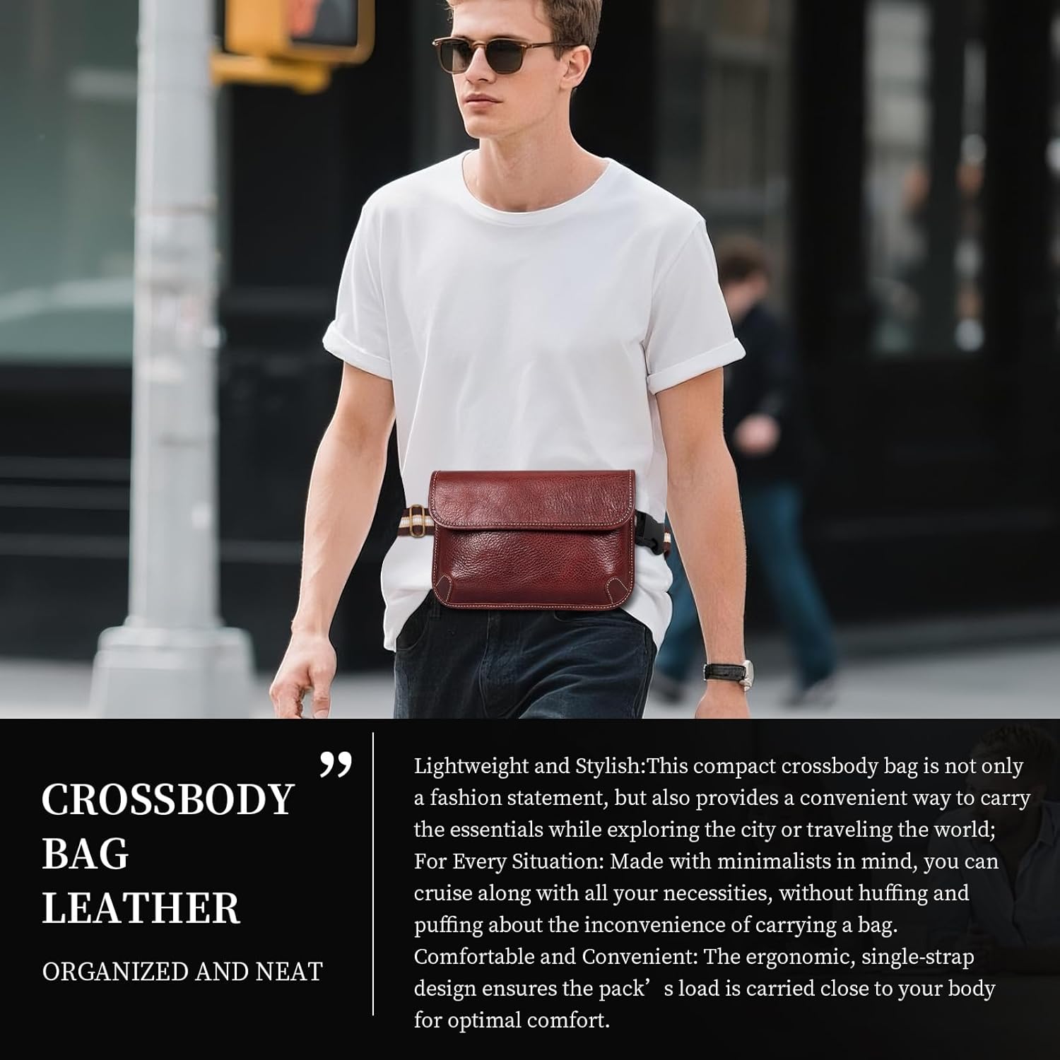 Gexmil Leather Cross Body Waist Bag for Women Men, Full Grain Leather, Magnetic Closure, Adjustable Strap,Hand-made Messenger Shoulder Satchel for Work Travel Daily Use - Image 6