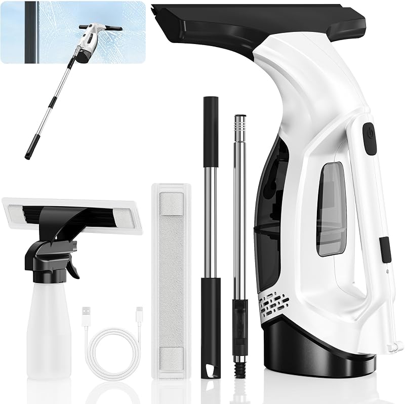 Window Vacuum Squeegee with Extendable Pole 31-40", Electric Cleaner Tool | 2000Pa, with 2200mAh and 150ml Dirty Water Tank, Long Handle Squeegee for Shower Glass, Tiles, Mirrors, Tall Windows