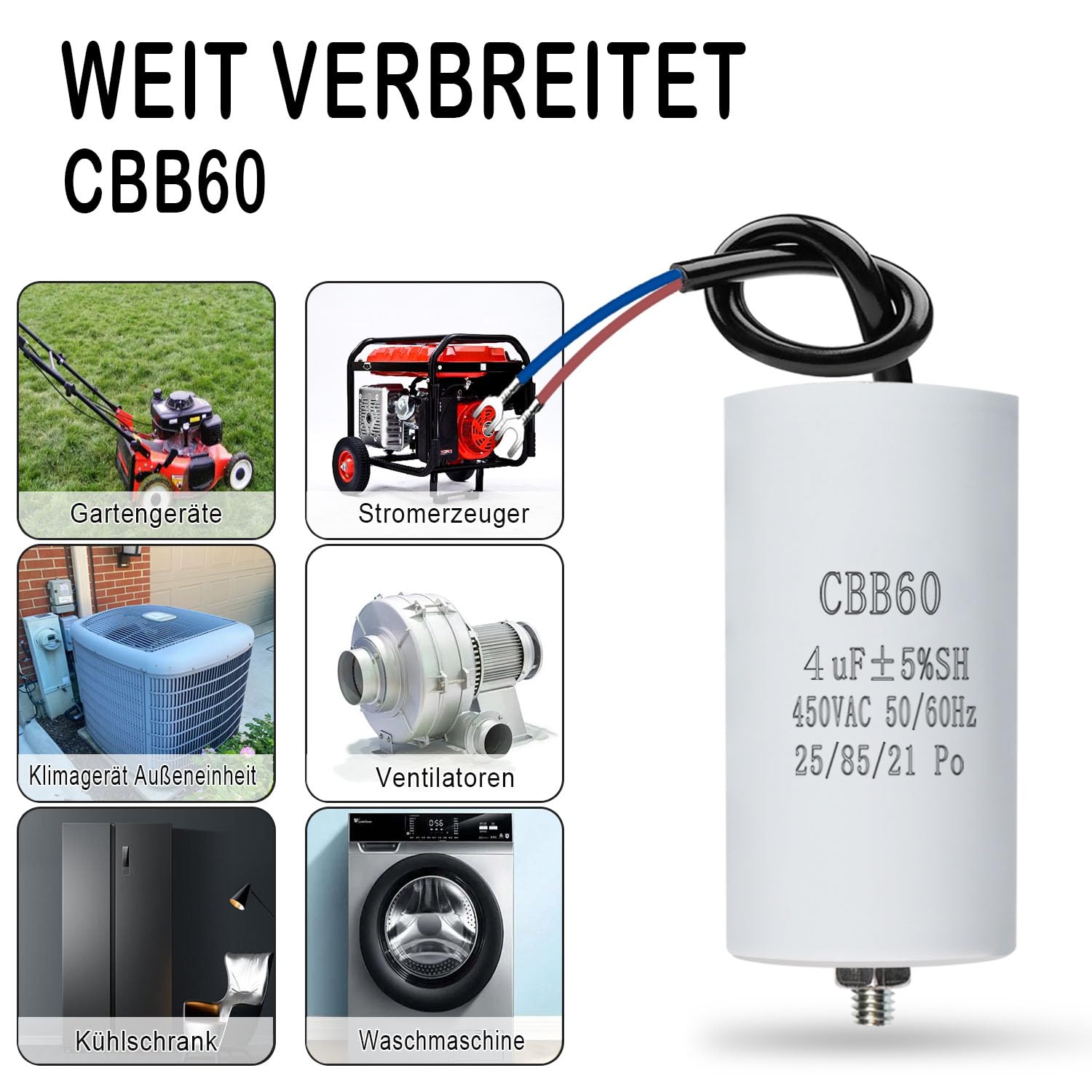 VIOKS Motorcondensator CBB60 Elko 450 V 35 Uf met insteekdoppen en bevestigingsschroeven - LED anti-stoorzender condensator voor elektromotor/droger