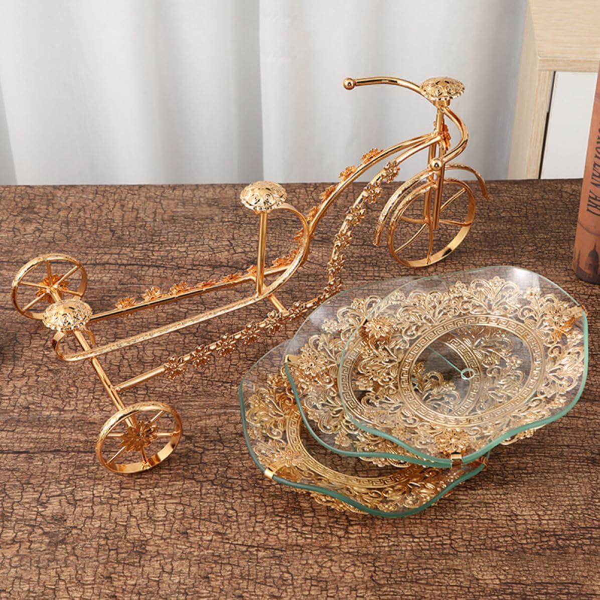 Kichvoe Stylish Dessert Storage Stand with Glass and Iron Construction, Golden Fruit Holder with Shelf for Kitchen Counter or Housewarming Gift, Contemporary Fruit Storage Holder