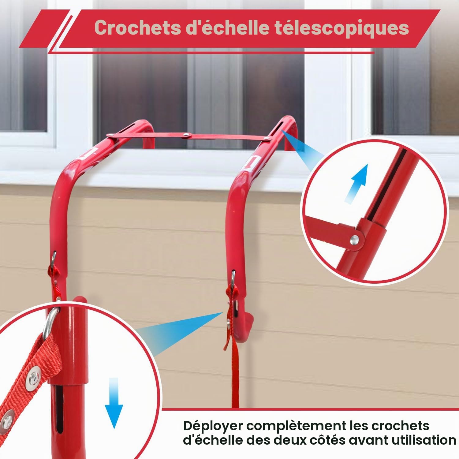 Eulenke Échelle de feu pliable de 4,5 m avec déploiement rapide en 3 secondes et crochets réglables - Charge maximale : 450 kg - Certifié EN1147 - Pour la maison, l'école, le bureau - Échelons