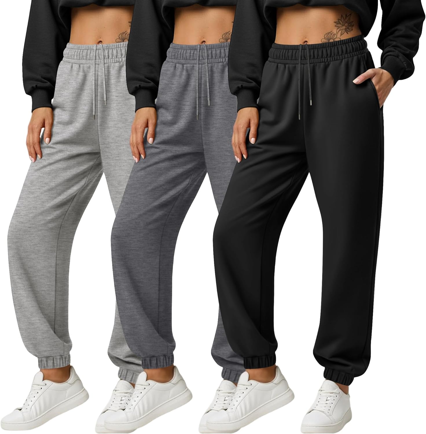 3 Pack Women's Joggers Sweatpants with Pockets, Elastic High Waisted Drawstring Baggy Lounge Trousers Yoga Workout