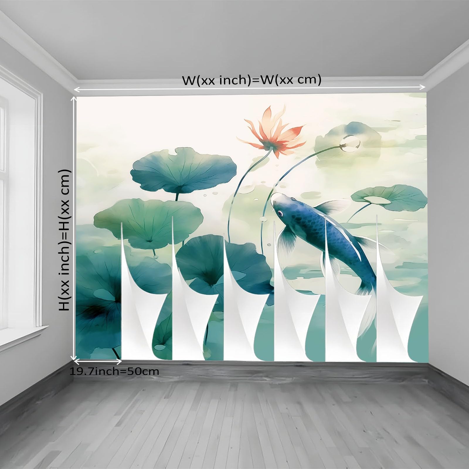 Tapeta z włókniny 350 x 256 cm, ryba chiński liść lotosu, dekoracja ścienna do dużego pokoju młodzieżowego, niebiesko-zielona