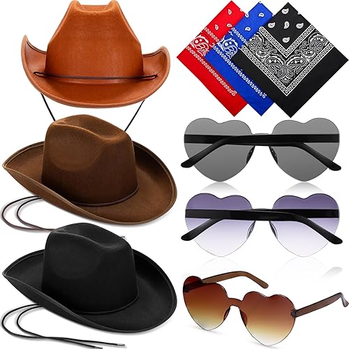 Geyoga 9 piezas de sombrero de vaquero para adulto con bandana de vaquero y gafas para disfraz del oeste, accesorio para hombres y mujeres