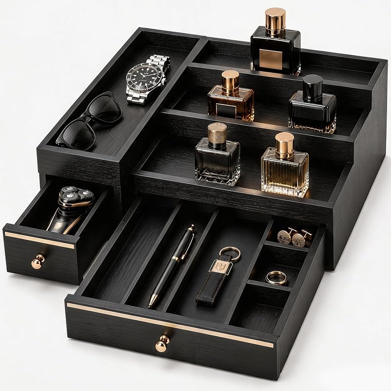 Organizador de Colônias baadioo com 2 Gavetas, Montado, Madeira de Pinus, Preto e Dourado