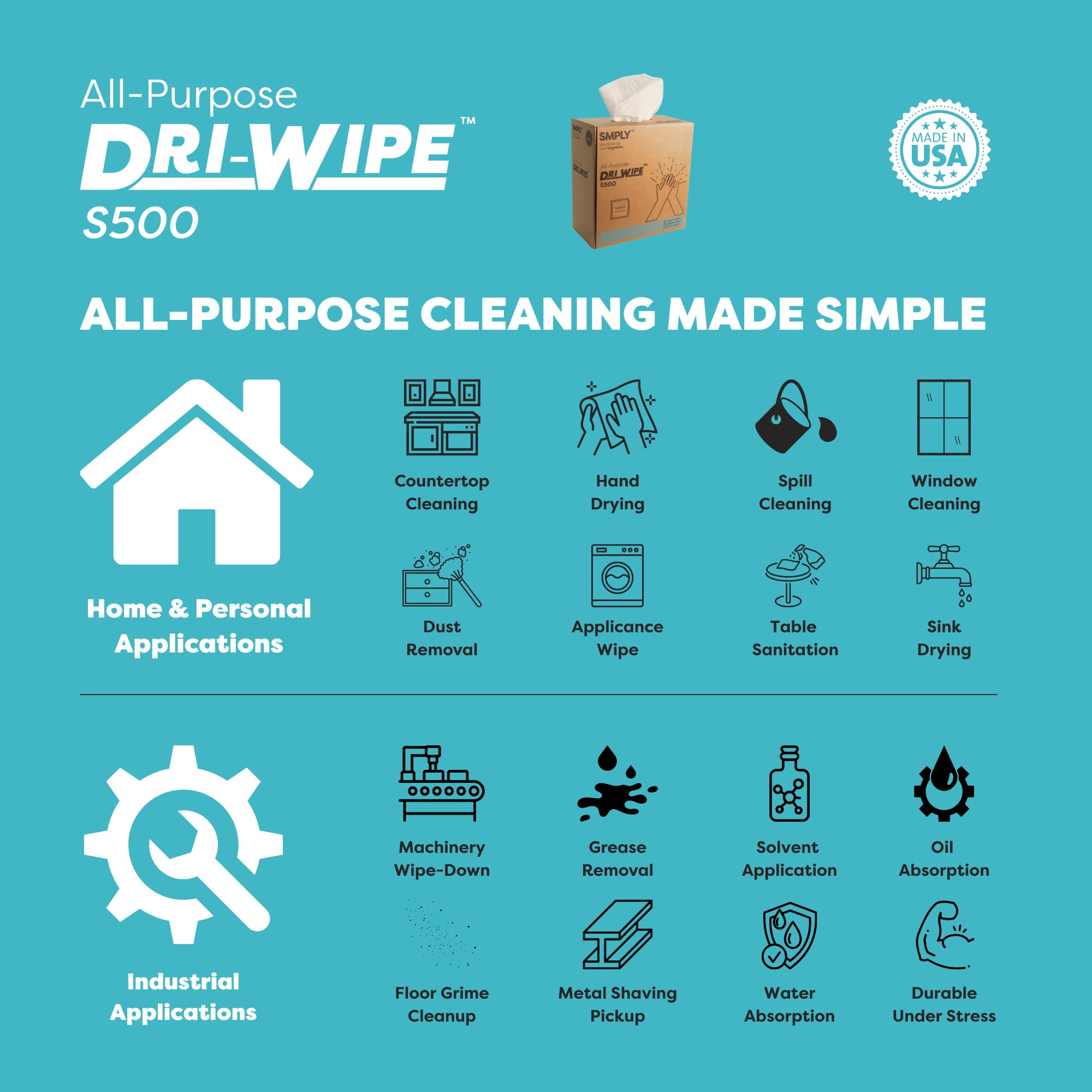SMPLY. S500 Dri-Wipe | 176 toallitas por caja, paquete de 10 cajas | Limpiaparabrisas duraderos y reutilizables para hospitales, escuelas, servicio de alimentos, automóviles y más.