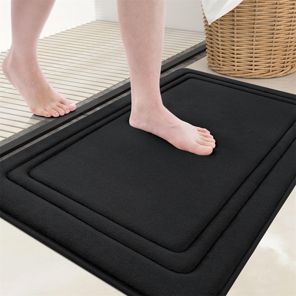 Azonee Memory Foam Bath Mat Rug, Ultra Soft, Non-Slip and Absorbent Bathroom Rugs, Premium Floor Rug, Microfiber Shaggy Bathroom Carpet Machine Washable Bath Rug for Bathroom (40x60cm, Black)
