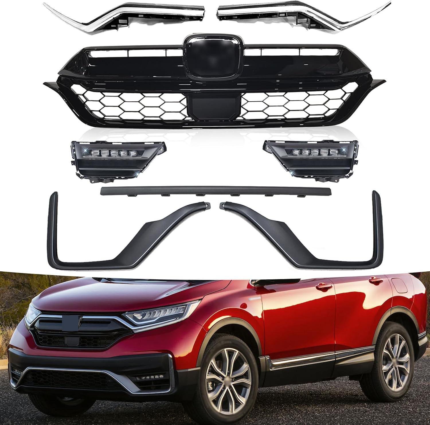 Bewild Front Bumper Upper Grille + Upper Grill Decorative Strip + Fog Lights Assembly + Bumper Lower Trim Strip Fit For 2020 2021 2022 Honda CR-V CRV Replacement Accessories 8Pcs (Chrome Trim Strips)