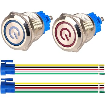 GUUZI Pack of 2 Locking Push Button Switch 1NO1NC Waterproof Stainless Steel Sheath 220V-230V/5A LED Ring Illuminated Switch with Cable Socket Plug Suitable for 19 mm Mounting Hole Blue + Red