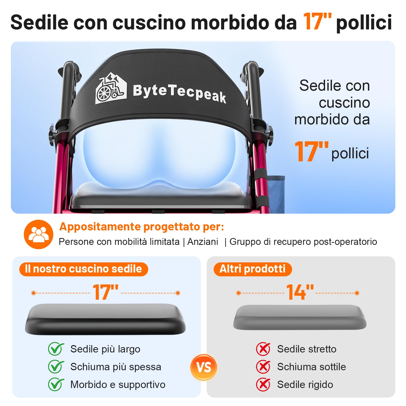 R4 deambulatore pieghevole con seduta, girello per anziani,altezza regolabile in 5 livelli su sedile e maniglie, Deambulatori a 4 ruote, Con borsa della e freni, portata max 100KG