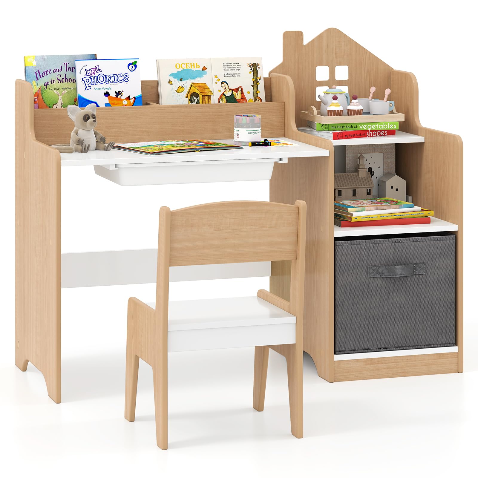Costzon Kids Desk and Chair Set, Wooden Children Multi-Activity Table with Hutch, Bookshelf, Drawer & Fabric Storage Bin, Kids Table and Chair Set for Drawing, Writing, Crafts