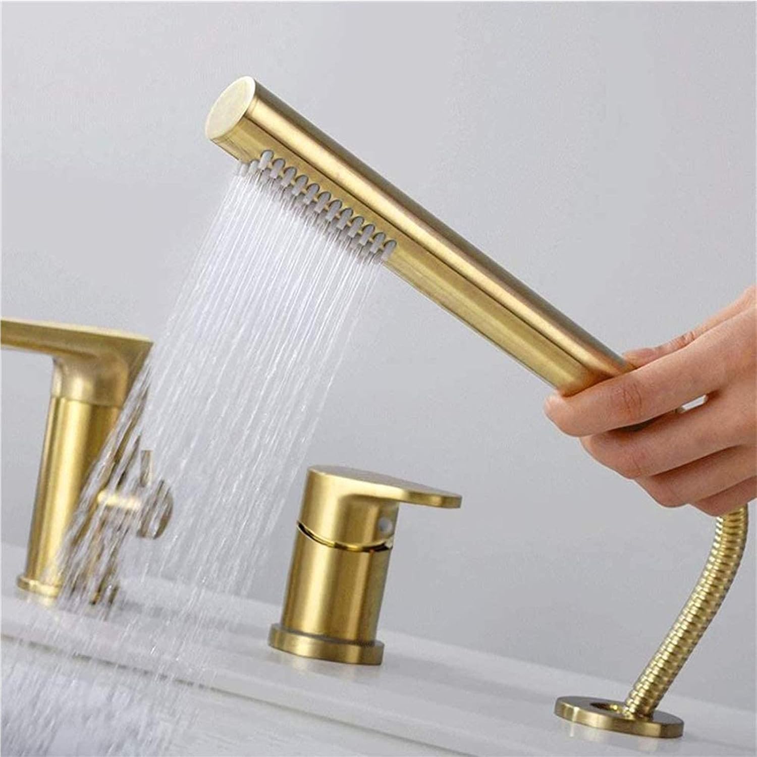 Roman Tub Filler Faucet Brushed Gold,Bathtub with Hand Shower,Solid Brass 3-Hole,Deck Mount Mixer Tap