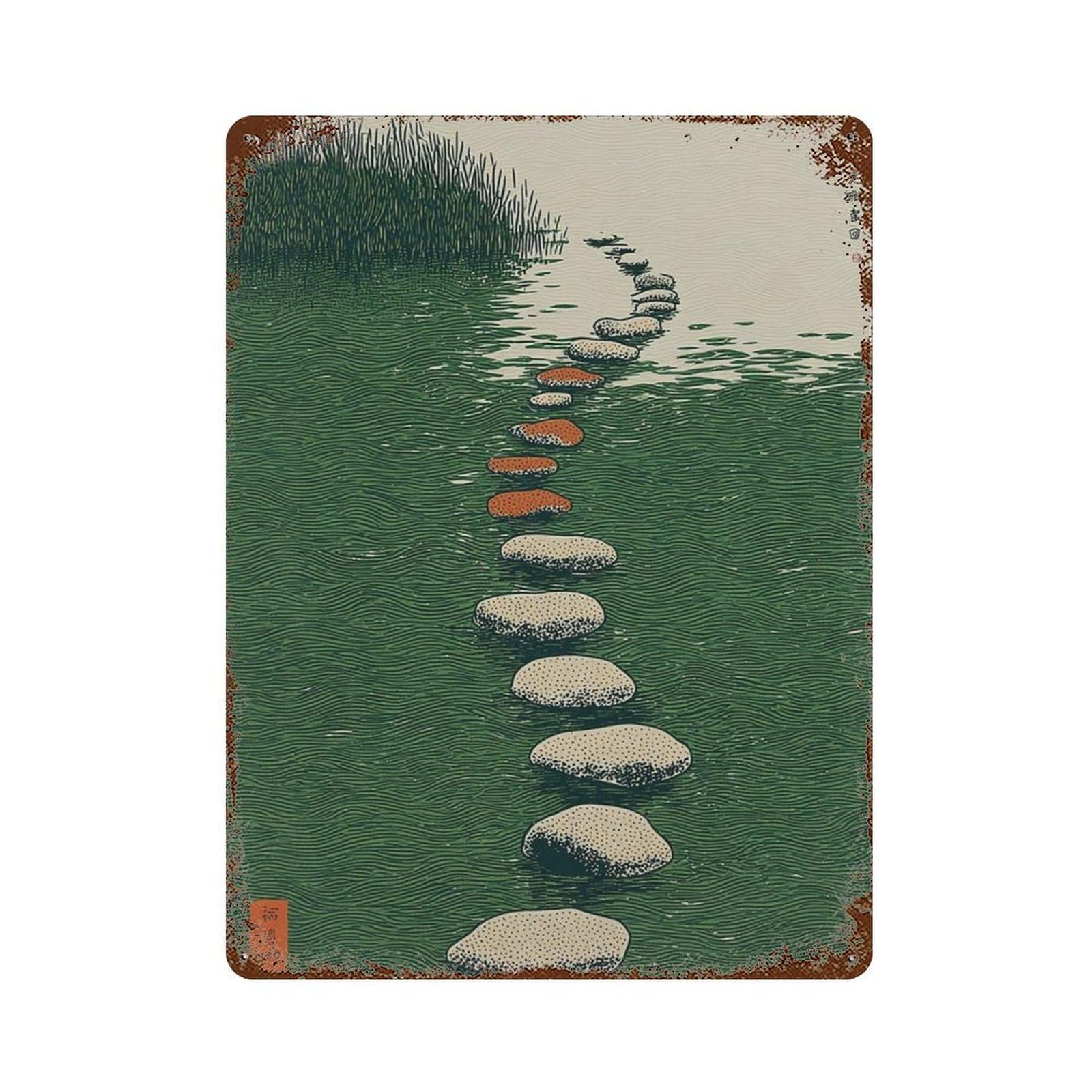 xiaoxiaoshen Japanese Garden Stepping Stones Green Minimal Nature Landscape Zen Woodblock Sty Wall Decor Art Metal Tin Poster Modern Home Decor Art Home Bar Shop Decorations Vintage Sign 40x30cm