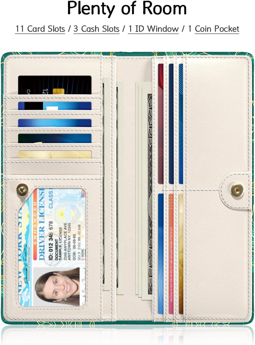 Nipichsha Womens Wallet, RFID Slim Wallets for Women, Thin Ladies Credit Card Holder Purse, Cute Leather Bifold Clutch Billfold with 11 Card Slots & ID Window, Luxury Green Leaf - Image 2