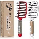 Detangling Brush Boar Bristles Set KTKUDY Hair Brush Curved and Vented Detangler Brush for Women Men Kids Wet and Dry Hair (Red&White)