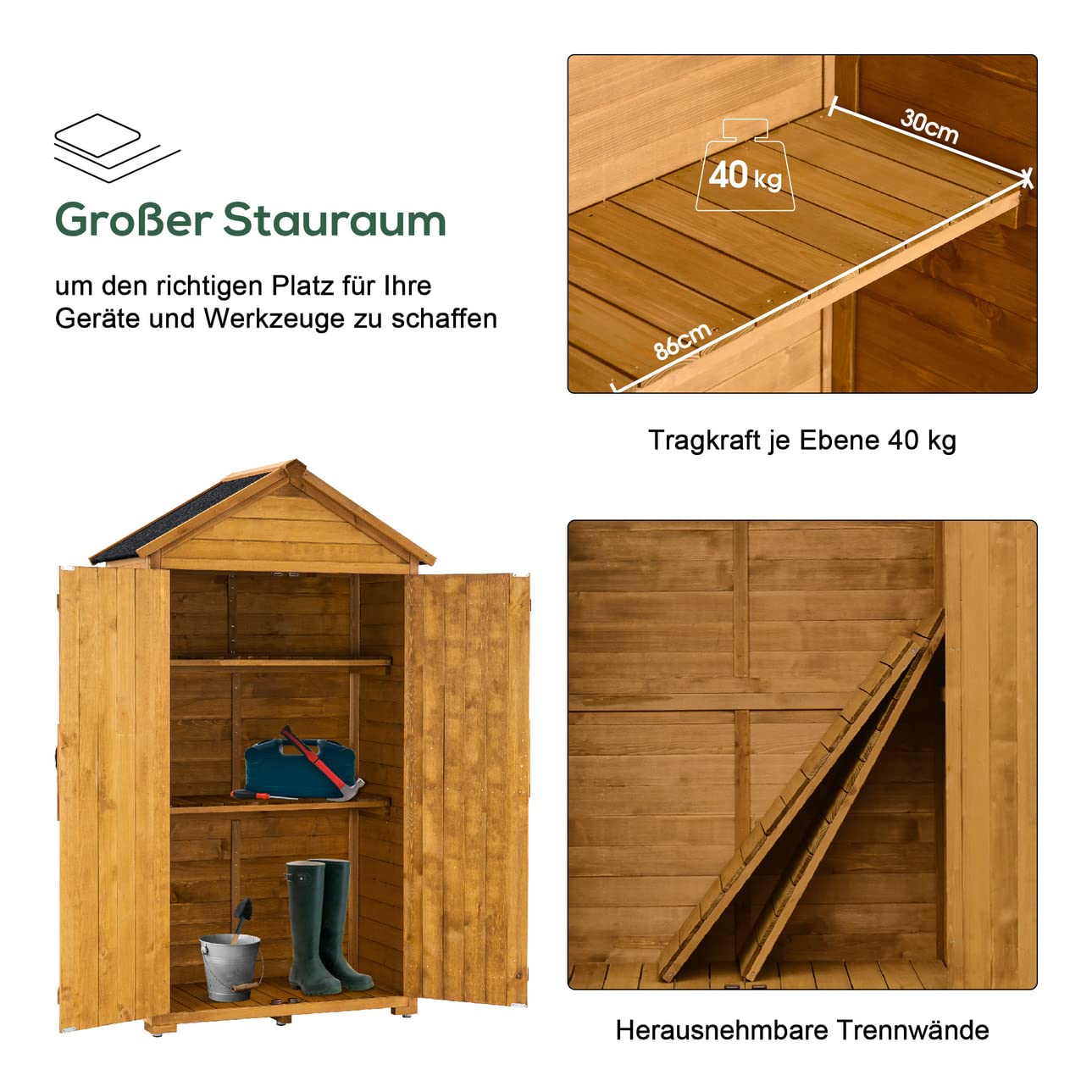 M MCombo Gartenschrank Geräteschuppen Holz wasserfest Grau/Natur 1000D 48 x 90 x 178 cm