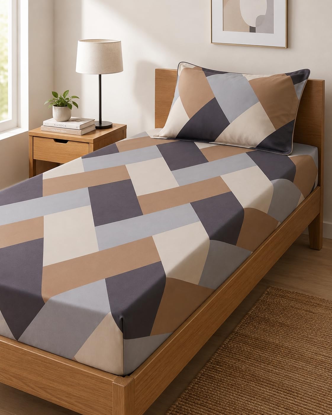LOOMLYFE Microfiber Soft Cotton Single Bed Bedsheet for Diwan Bed, Size 60 Inches X 90 Inches, 152 X 230 cm with 1 Large Size Pillow Covers Without Joint - BrownGreyCross