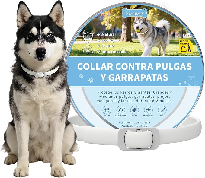 DEWEL Collar Antiparasitario para Perros Grandes y Gigantes (70 cm) - 8 Meses de Protección Eficaz contra Pulgas, Garrapatas, Mosquitos y Piojos - Ajustable, Cómodo y Resistente al Agua