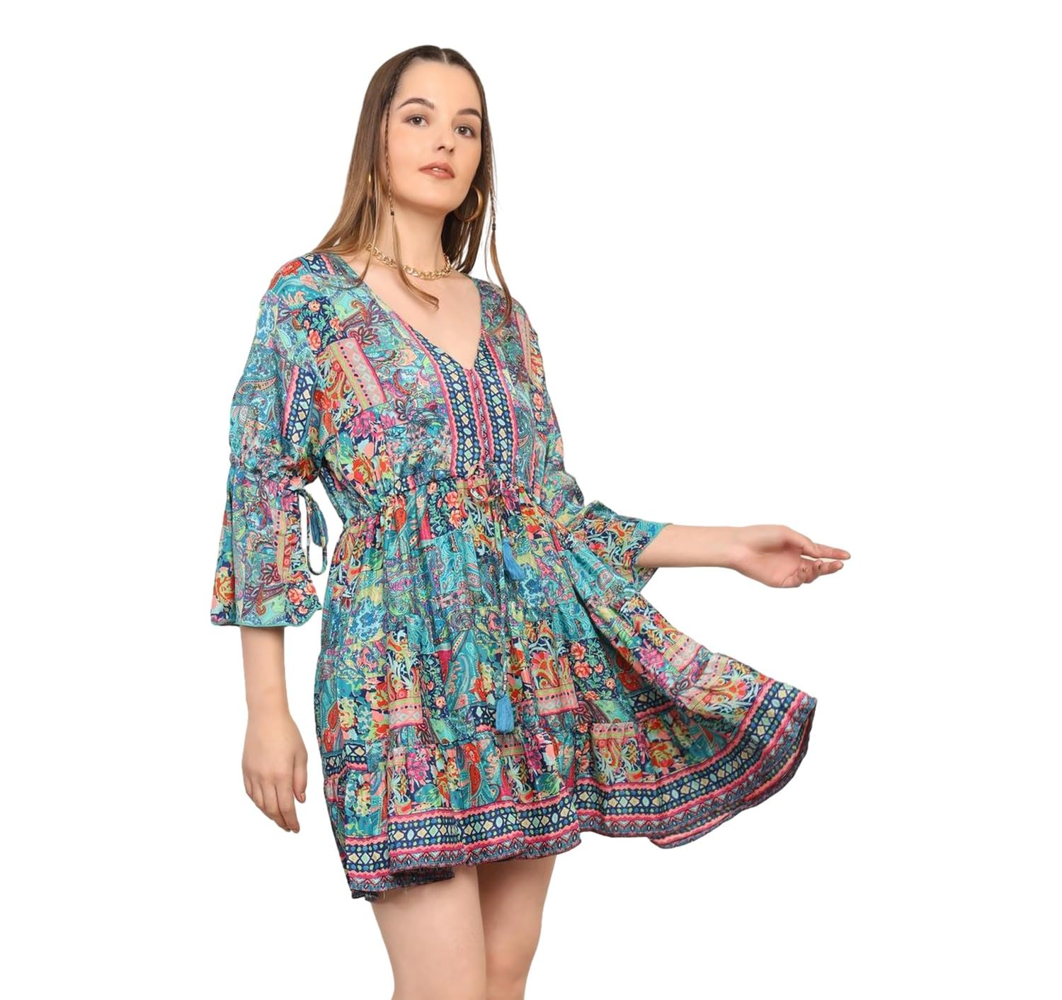 Sponsored Ad - KE KANHA EXPORTS Dress for Woman Western Short|Beach Wear Dress for Women|Boho Border Print Flared|Multicolor|Adjustable Drawstring Tassel|Soft Silky Premium Feel|S-M-L