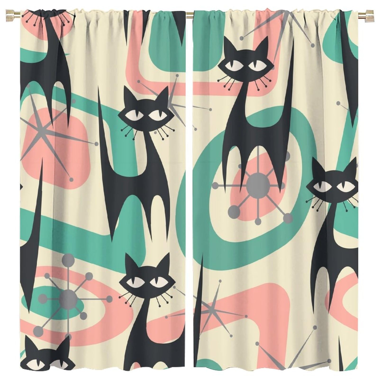 HZOHNAGO Mid Century Black Cat Curtains Colorful Atomic Starbursts Abstract Vintage Geometric 1950s 60s Style Blackout Print Rod Pocket Window Drapes for Bedroom Living Room 63x63in