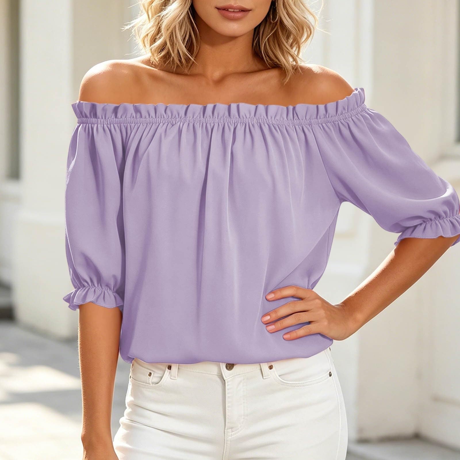 Chemisier pour femme, épaules dénudées, manches courtes, col Carmen
