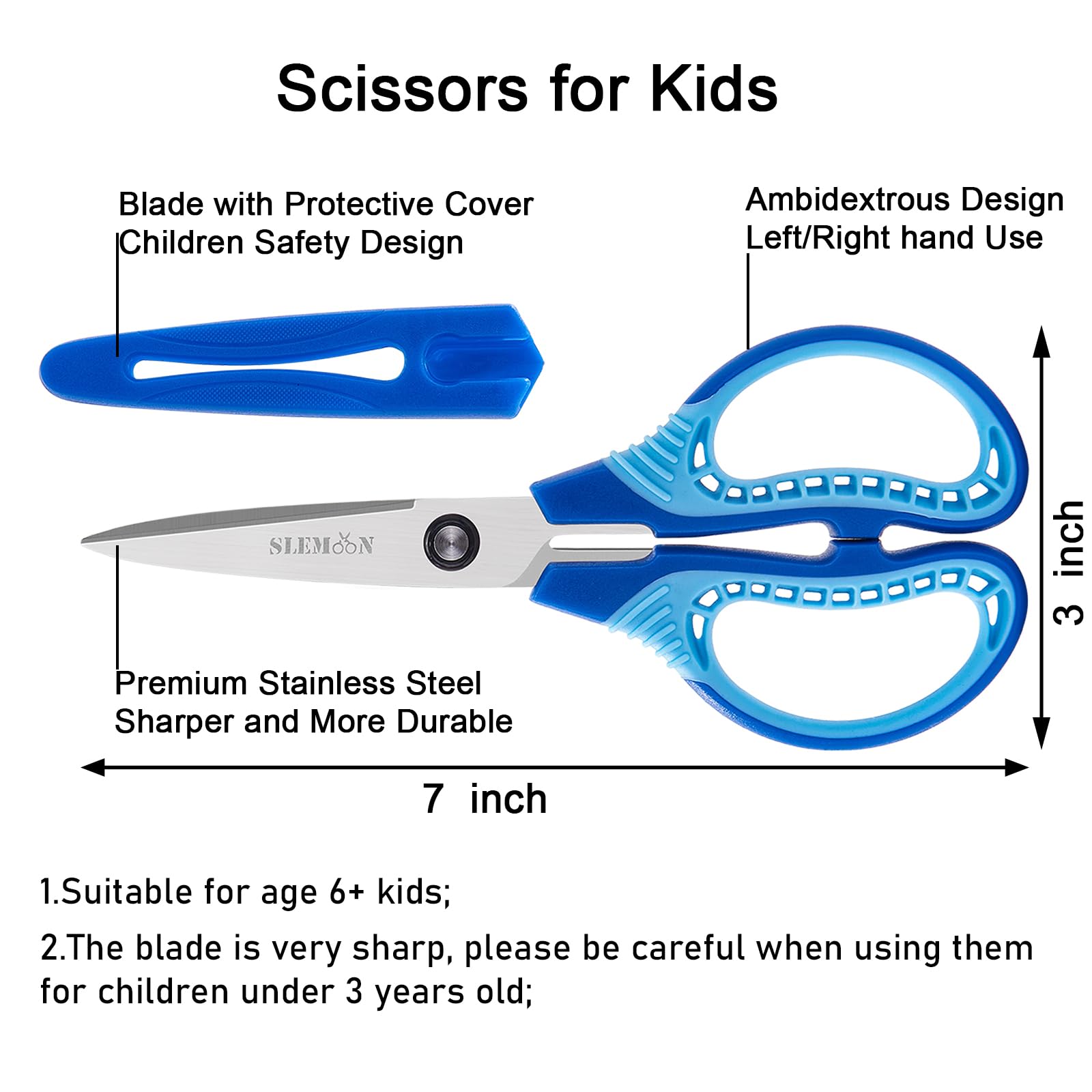 Kinderschere, 17,8 cm, spitze Spitze, rechts/links, mit Schutzhülle, weiche ABS-Griffe und Edelstahlklingen, ultra-langlebig für Klassenzimmer, Zuhause, Schule, täglichen Gebrauch (3er-Pack)