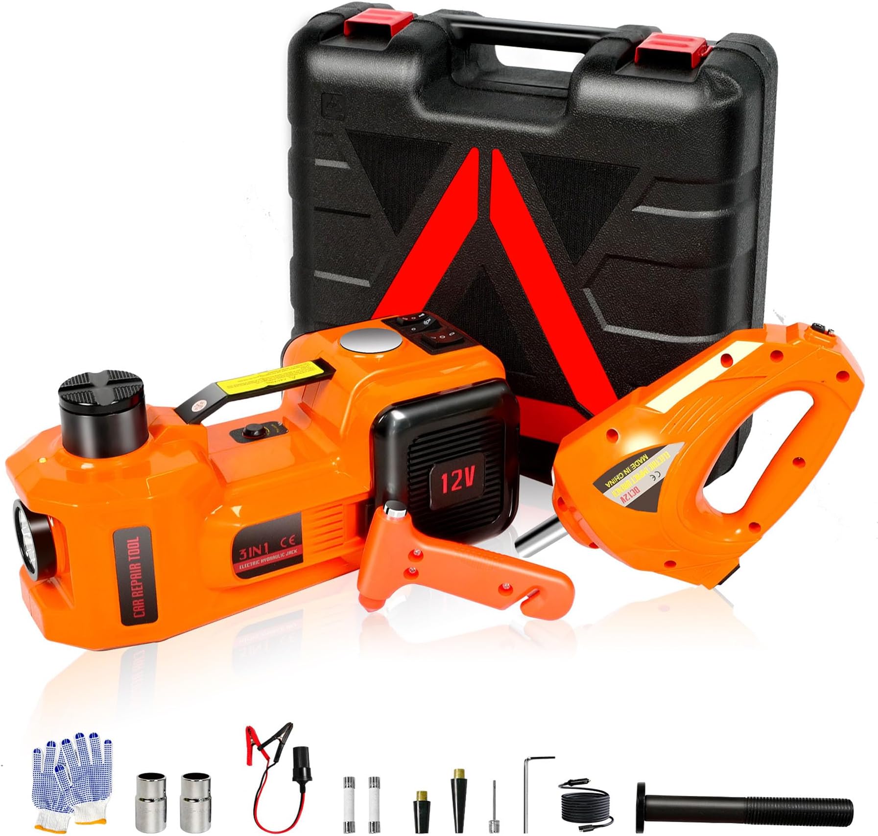 Electric Car Jack 5 Ton 12v, Electric Car Jack Kit with Impact Wrench, Electric Floor Jacks Automotive with Tire Inflation Pump & Two Charging Methods,Intelligent Chip, Gloves and Safety Hamme