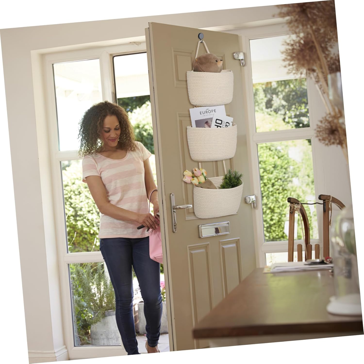 Hanging Basket Organizer Cotton Rope Storage for Over Door Use Minimalist Design for Bathroom Kitchen and Bedroom Space Saving Wall Hanging