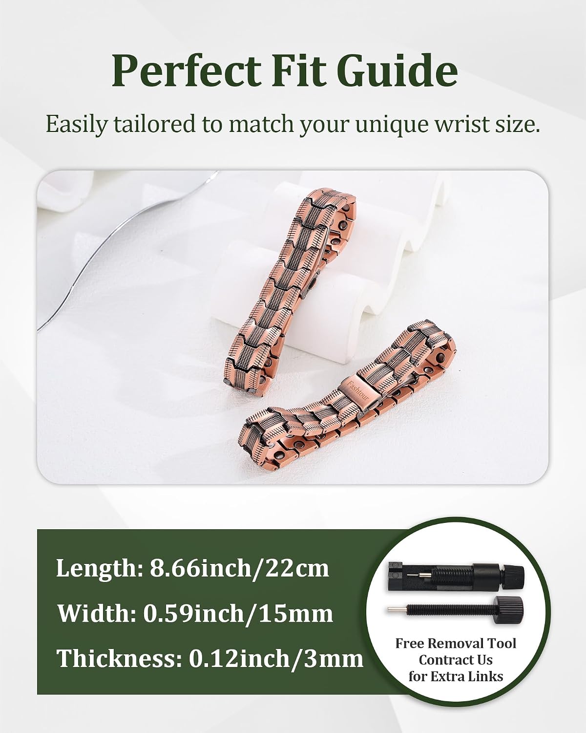 Copper Bracelet for Men, 2X Strength 99.99% Pure Copper Magnetic Bracelet with Magnets, Butterfly Clasp Design, Adjustable Length with Sizing Tool