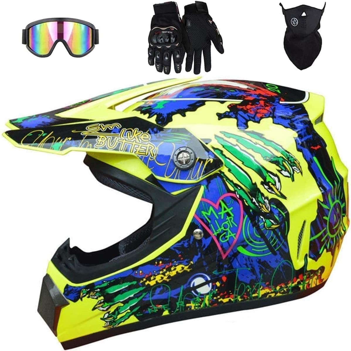 Casco De Motocicleta, Casco de Motocross para Niños, Homologado ECE y DOT con Set de Guantes, Gafas y Máscara - MX Quad Enduro Off Road ATV Scooter Descenso (S(55-56cm))