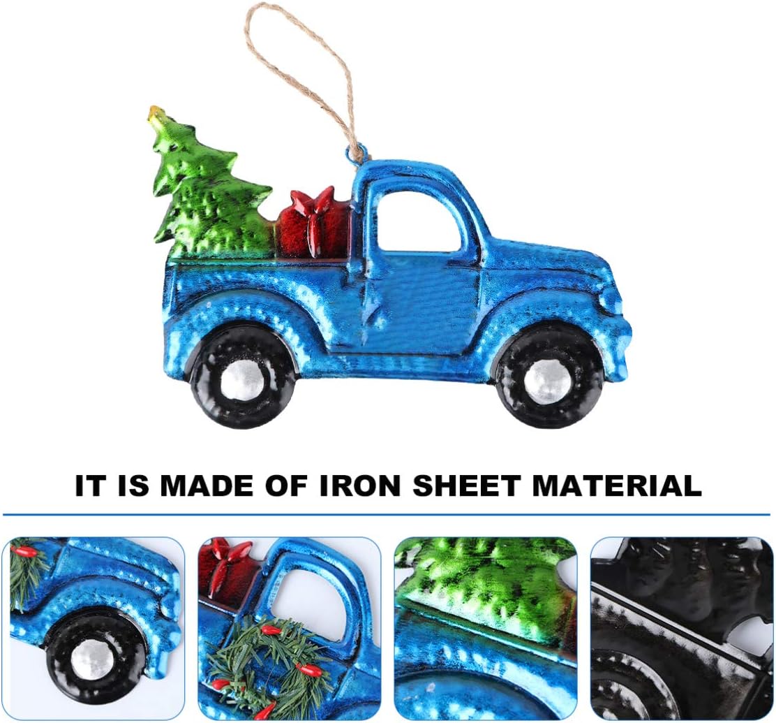 Christmas Pickup Truck Ornament Iron and Glass Pickup Truck Hanging Decoration Carrying Xmas Trees Car Keepsake Vintage Farmhouse Home Decor (Random Car Toward) - Image 4