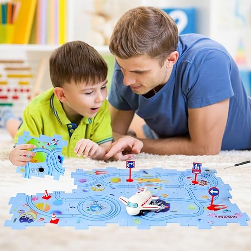Miniatura 3 de Juego de rompecabezas de coche de pista, rompecabezas de piso de plástico para niños de 3 a 5 años con vehículos, rompecabezas de carril, pistas de