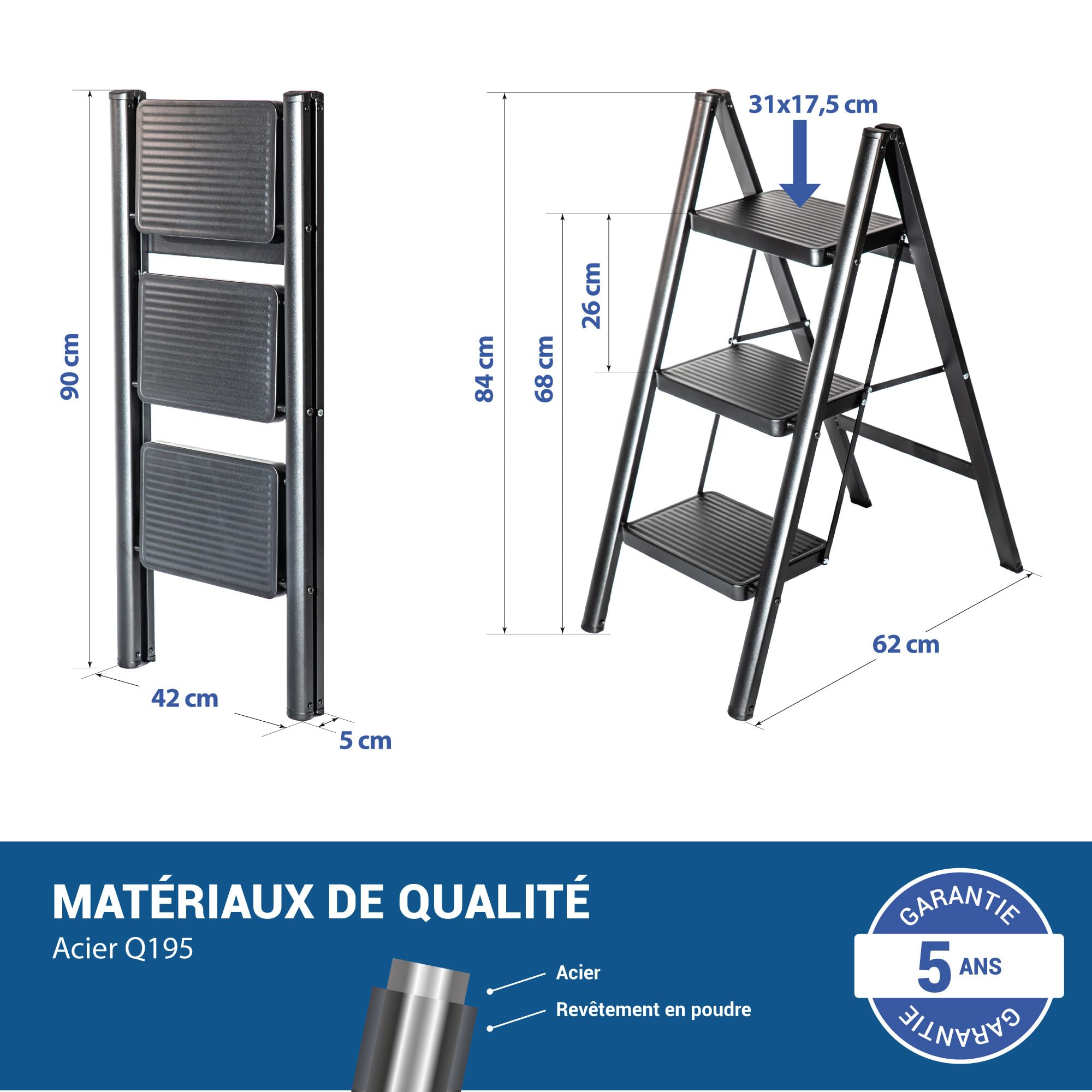 HOSTRÖM Scaletta 3 gradini FOLDPACT3, Sgabello scala pieghevole, Design ultracompatto, Gradini 17,5 cm, Acciaio, Ripiano temporaneo, Garanzia 5 anni.