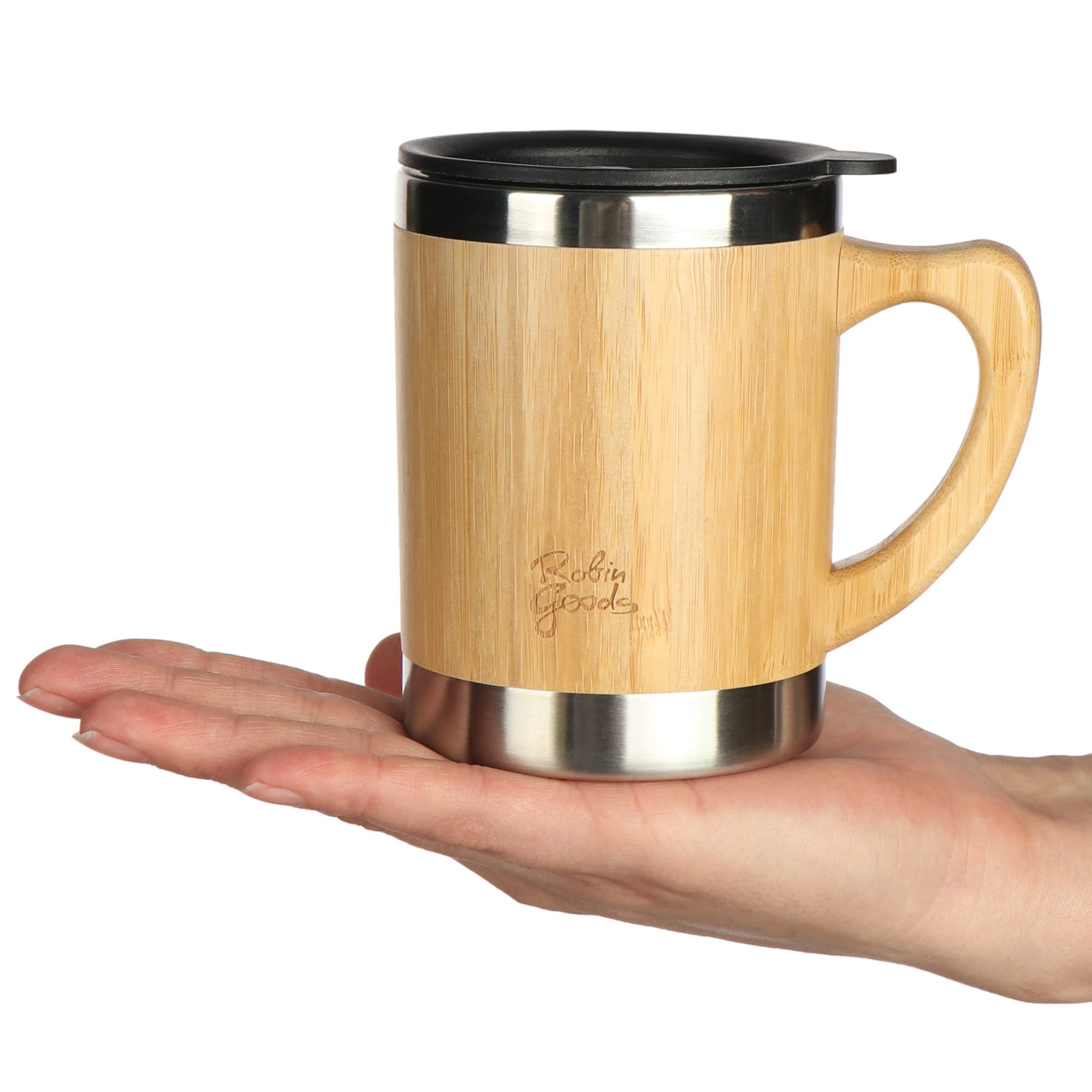 4x Trinkbecher aus Bambus und Edelstahl mit Henkel | To-Go Becher 300 ml - doppelwandige Campingtasse mit Kunststoff-Deckel - bruchsicher und BPA-frei