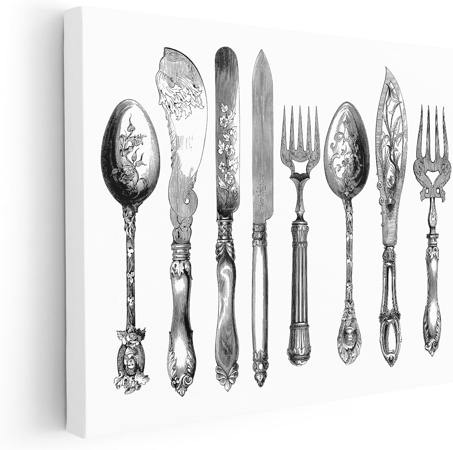 Poster Master Vintage Silverware Canvas - Retro Cutlery Print - Spoon & Fork Art - Gift for Men & Women - Minimal Wall Decor for Kitchen, Restaurant or Dining Room - 8x10 STRETCHED Canvas