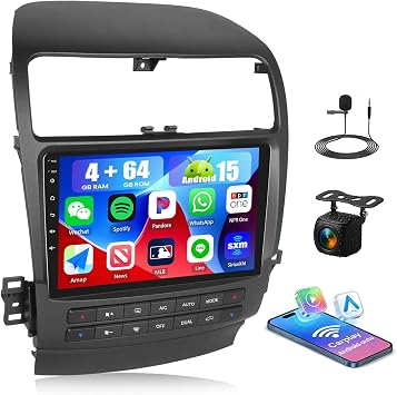 [4+64G] Android 15 Car Stereo for Honda Acura TSX 2003-2008 with Wireless Carplay&Android Auto,9 Inch Car Radio with Mirror Link Bluetooth FM/RDS WiFi GPS EQ DSP SWC+AHD Backup Camera