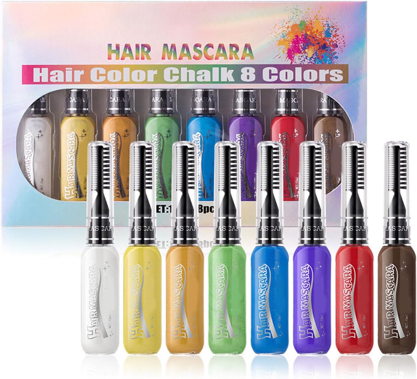 Hair Chalk Comb, Mascara Set, Washable Temporary Chalks, 8 Color Hair Dye Pile for Highlights, Vibrant Styling Accessories for Adults and Children, 9.45×5.71×0.75 Inches