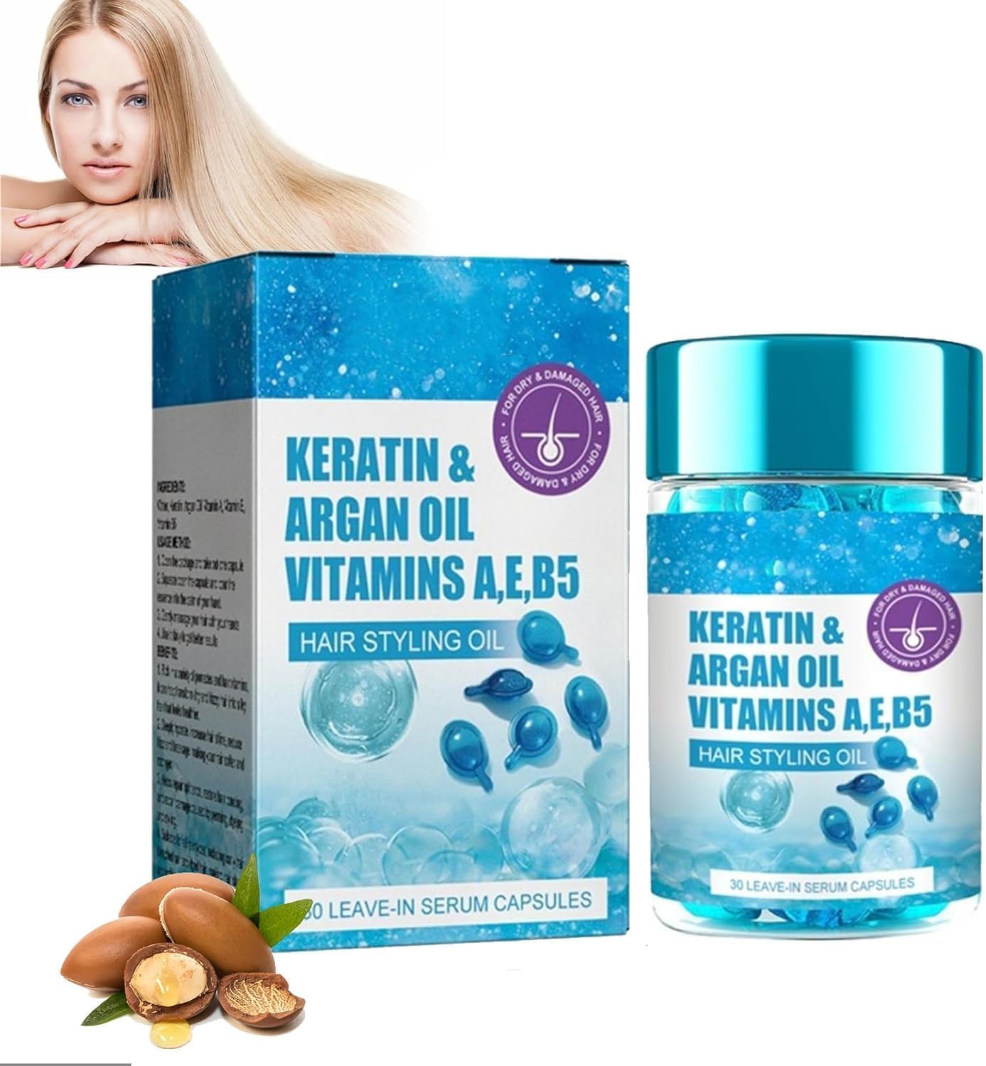 Hair Oil for Frizzy&Dry Hair, 30 Leave-in Serum Capsules, Keratin Hair Treatment&Moisturizing Hair Capsules with Avocado/Jojoba/Argan Oil, Anti Frizz no Rinse Conditioner with Vitamins A/C/E/B5 1Pcs