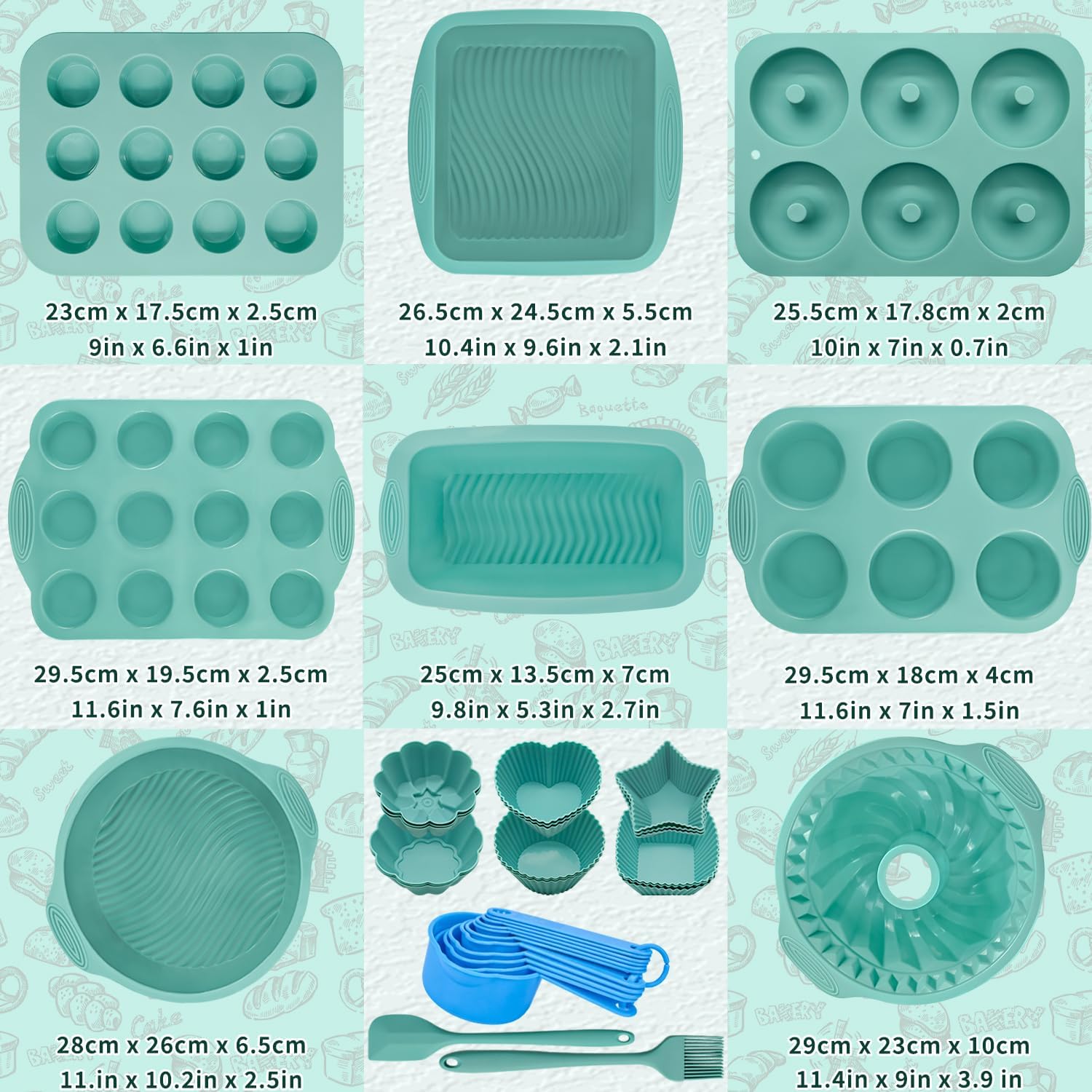 39 Pieces Silicone Bakeware Set, Nonstick Silicone Baking Pans Set With Baking Pan, Baking Sheet, Cake Pan, Donut Pan, Muffin Pan, Cake Molds, Measuring Cups