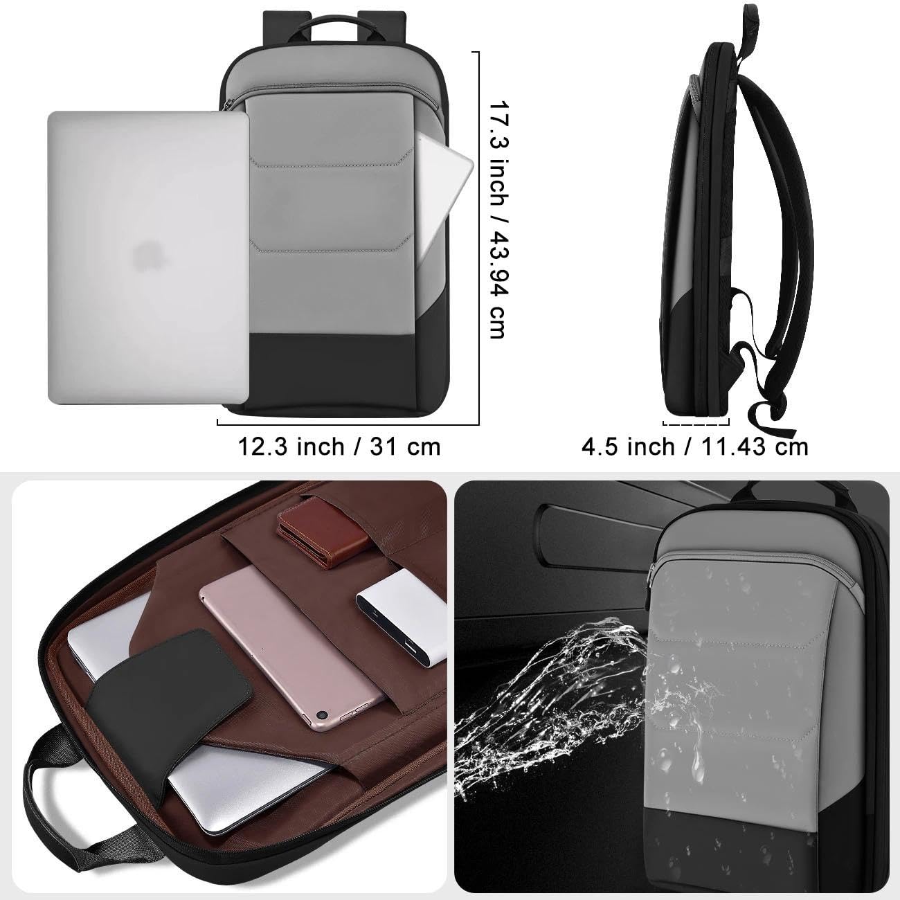 17" Zaino PC Portatili Sottile ed Espandibile Zaino da Viaggio Antifurto Impermeabile Zaino per Laptop con Porta USB per Lavoro Scuola Viaggio Uomo Donna，Nero Bordo grigio