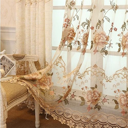 Cortina de gasa con diseño de flores en bordado europeo con ranura para cortinero Cortina romántica para ventana, para dormitorio o villa Permite el