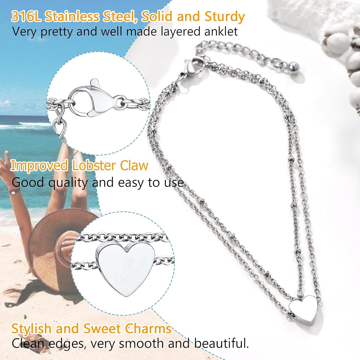 PROSTEEL Heart Chain Ankle Bracelets for Women, 8.5"-10.5" Adjustable