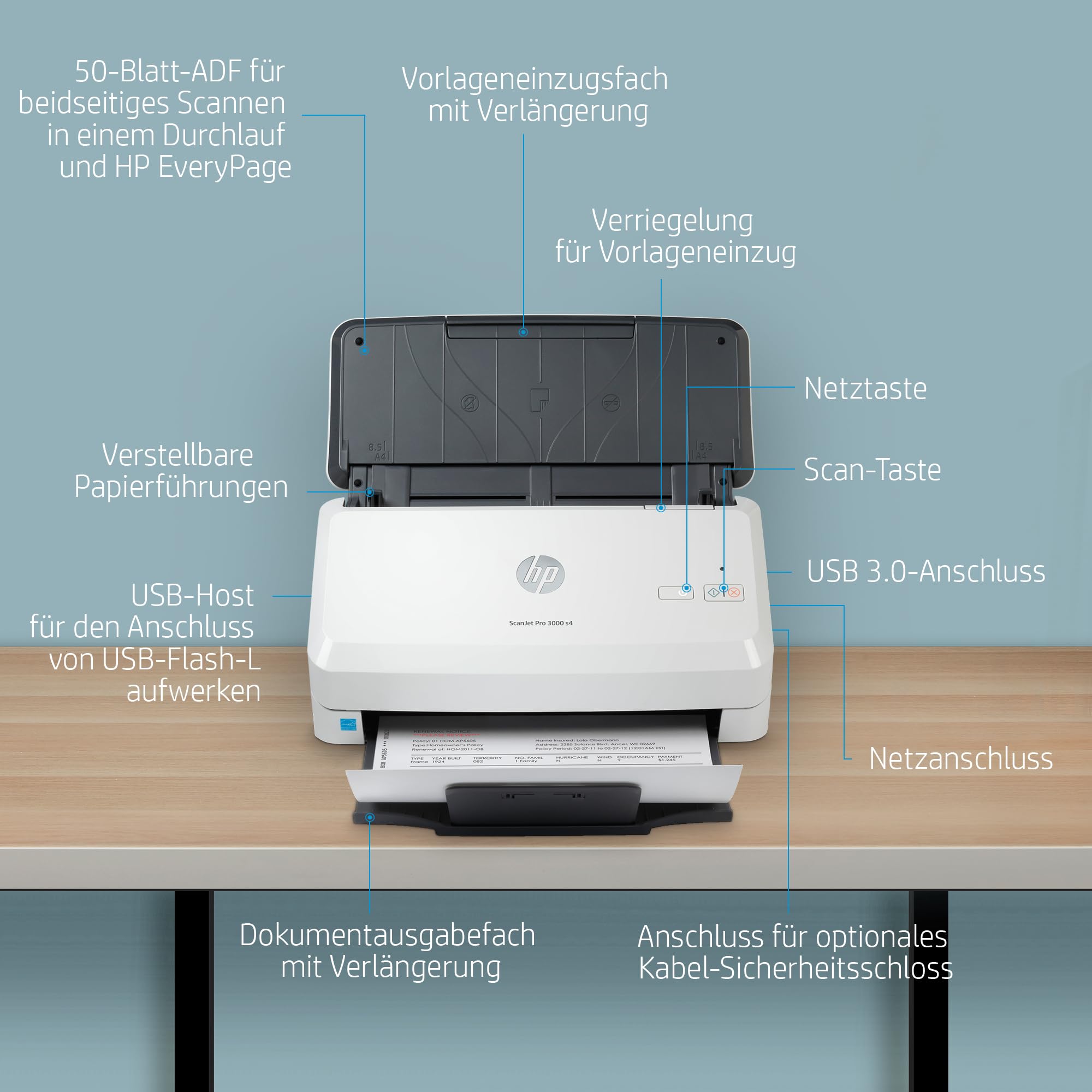 HP ScanJet Pro 3000 s4, Scanner, Einzelblattzufuhr, 50-Blatt ADF, USB 3.0, bis zu 4.000 Seiten täglich, Schnelleinstellungen