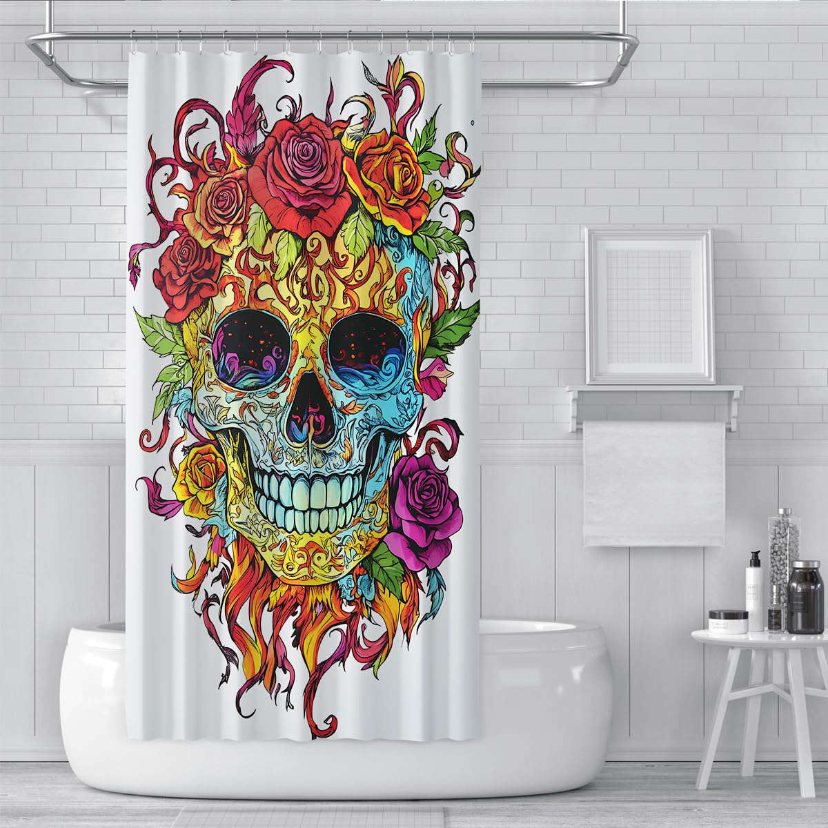 Tende Doccia Teschio Gotico Rosa Colorato Bianco Bagno 200x200cm